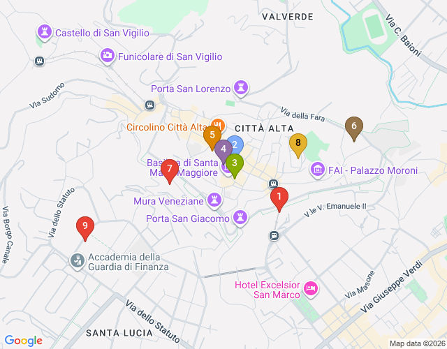 Carte de Bergame avec les 9 étapes du parcours : funiculaire, Piazza Vecchia, Piazza Duomo, Campanone, Via Gombito, Mura Venete, Orto Botanico, Rocca et San Vigilio